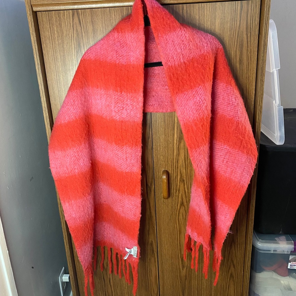 J.Crew Scarf Womens OS Pink Orange Striped Brushed Fringe Fuzzy Warm Soft Wrap